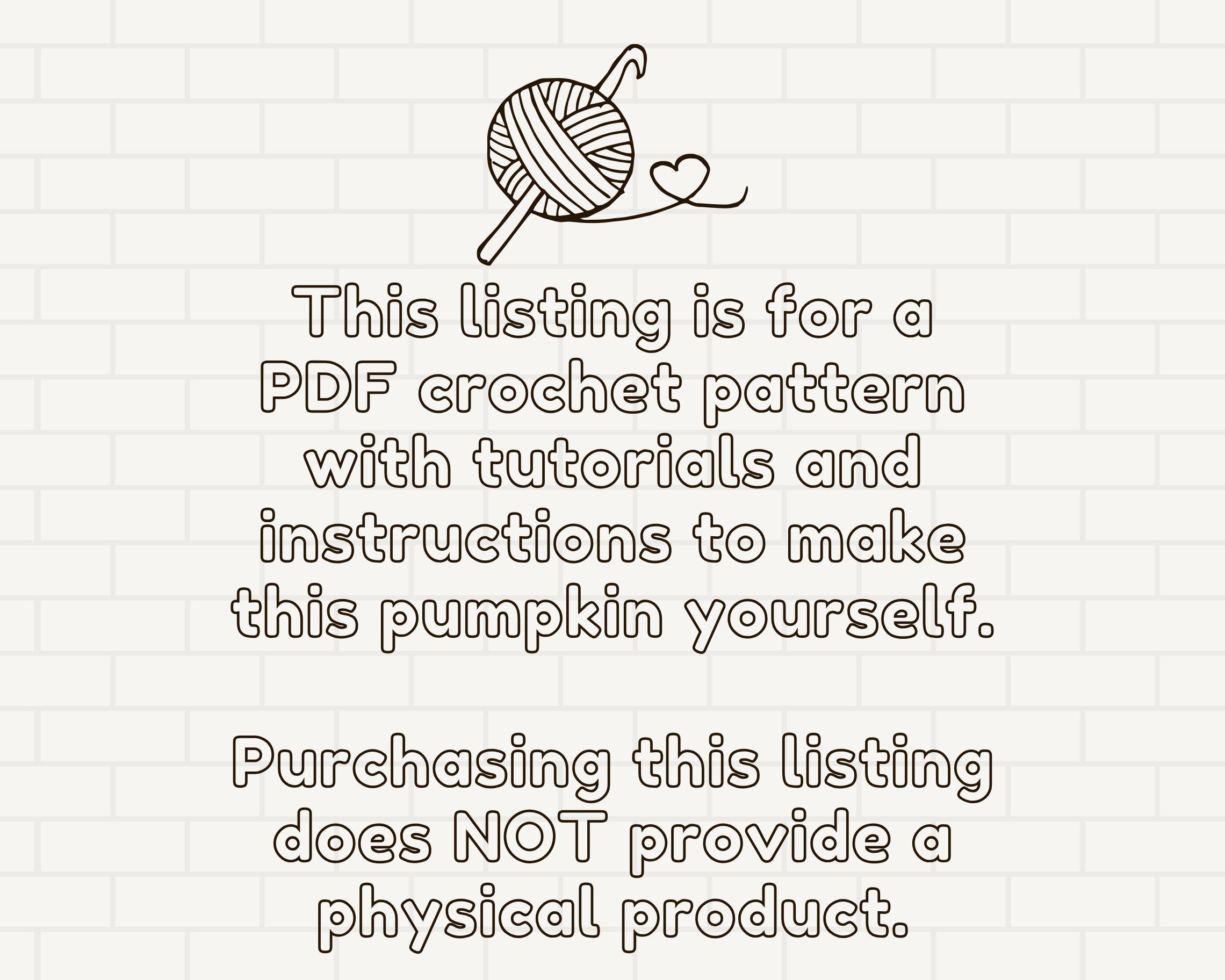 Text on a grid background about a PDF crochet pattern for a pumpkin with yarn ball illustration.