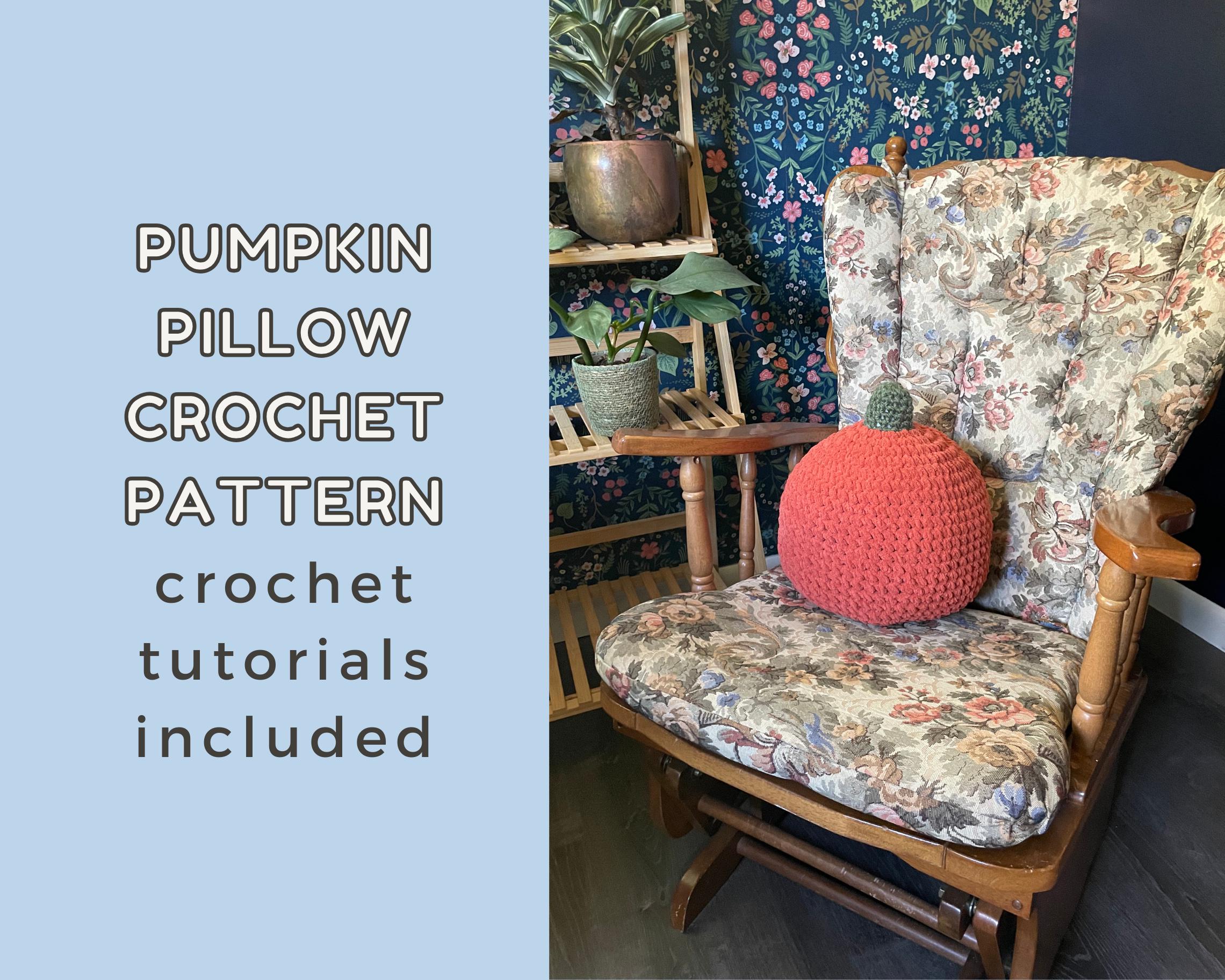 Crocheted pumpkin pillow on a floral-patterned chair with text about crochet patterns.
