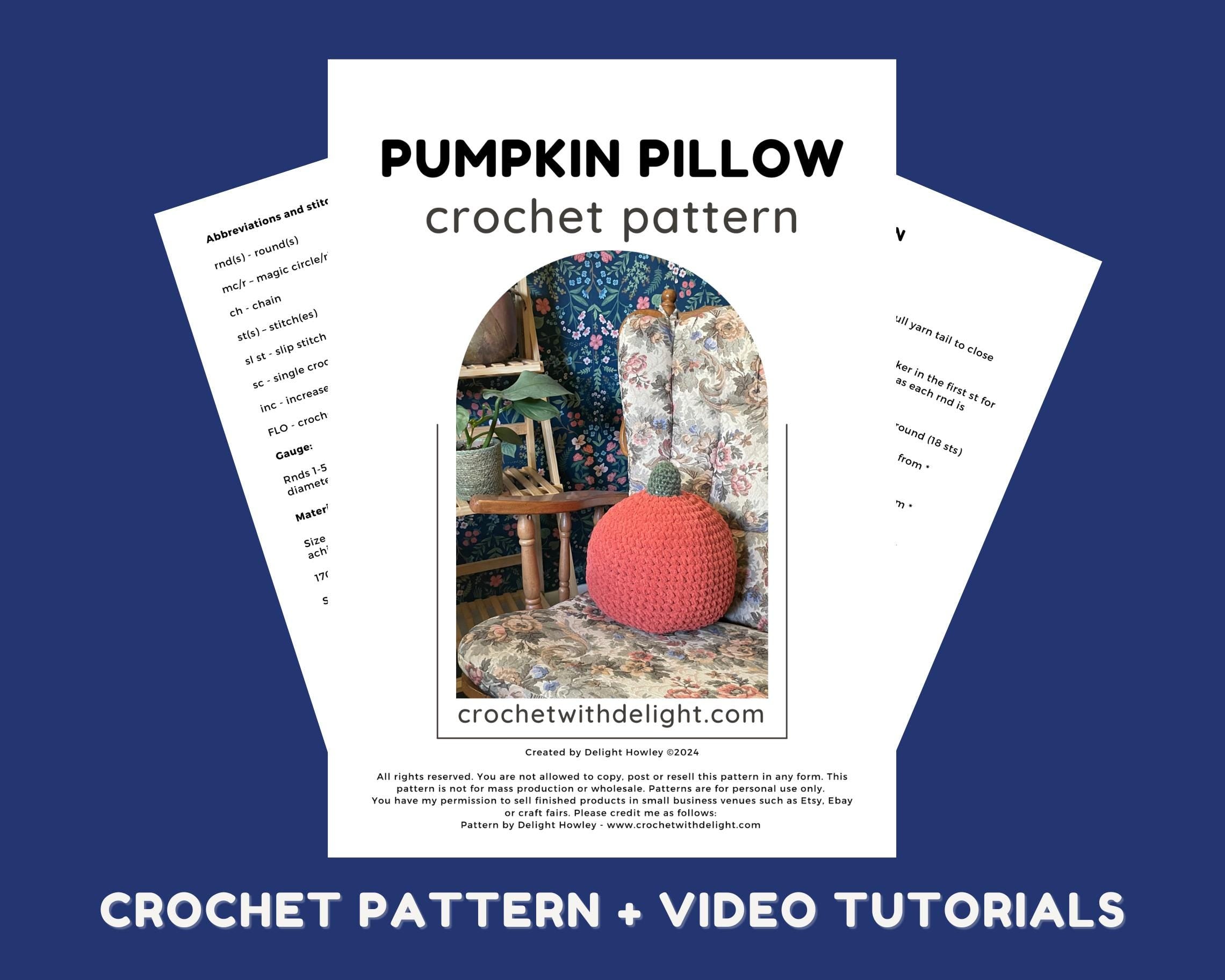 Pumpkin pillow crochet pattern with a blue background