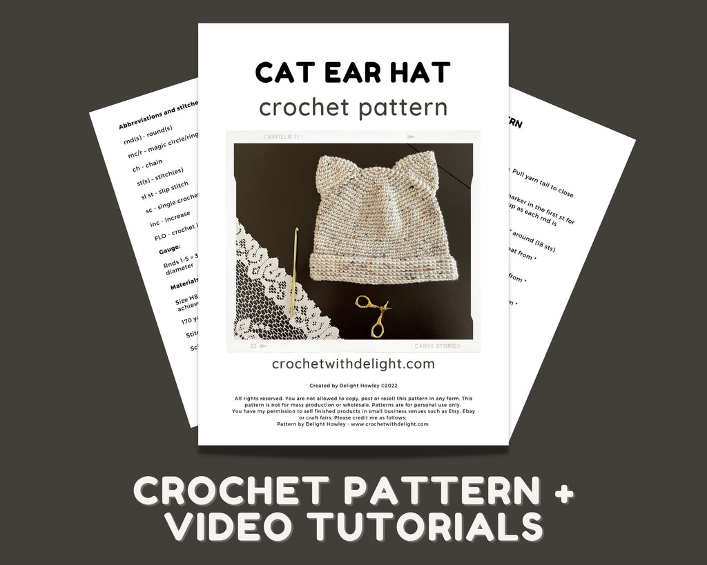 Easy Cat Ear Beanie Crochet Pattern - Adult Women's Size - Instant Download