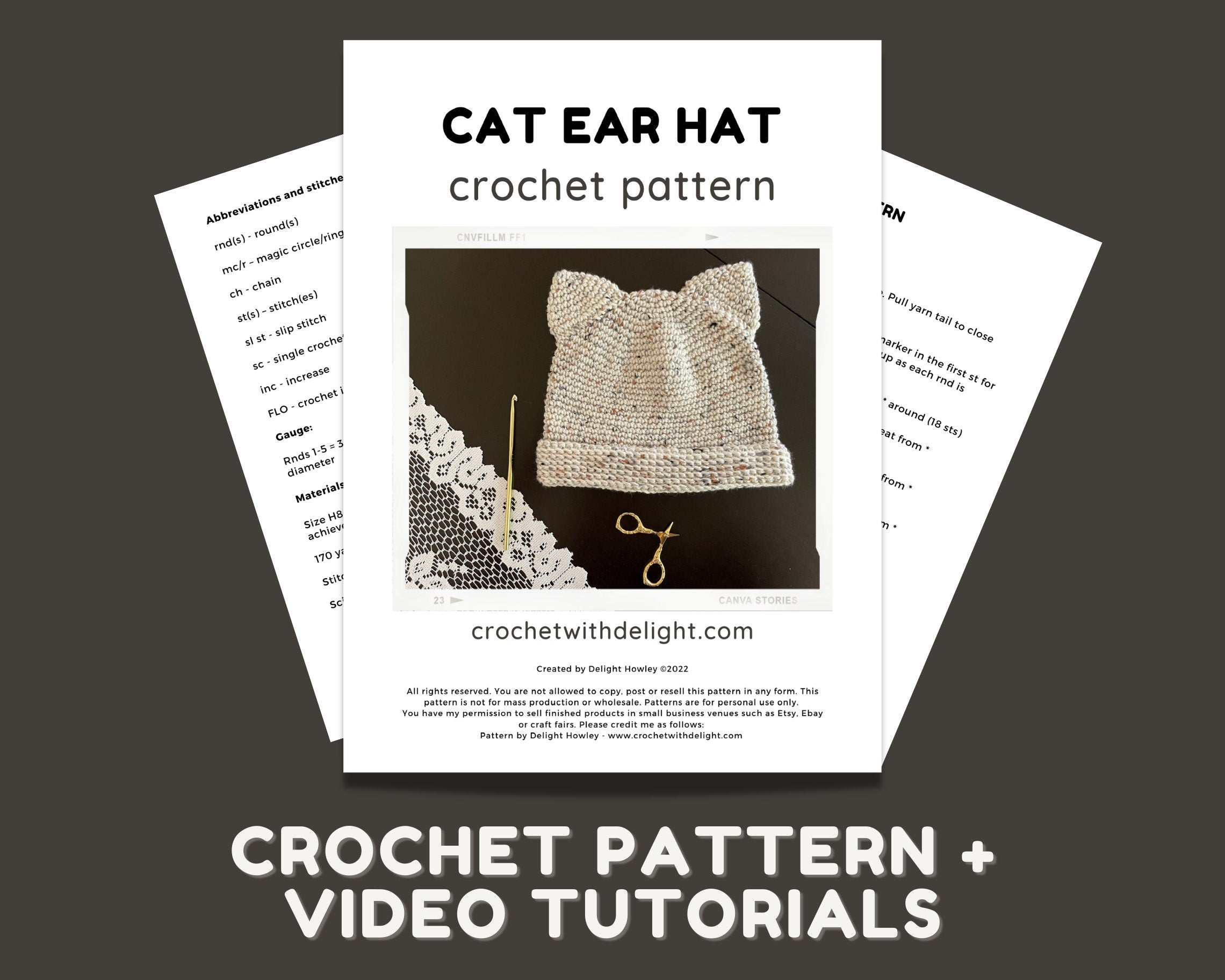 Easy Cat Ear Beanie Crochet Pattern - Adult Women's Size - Instant Download
