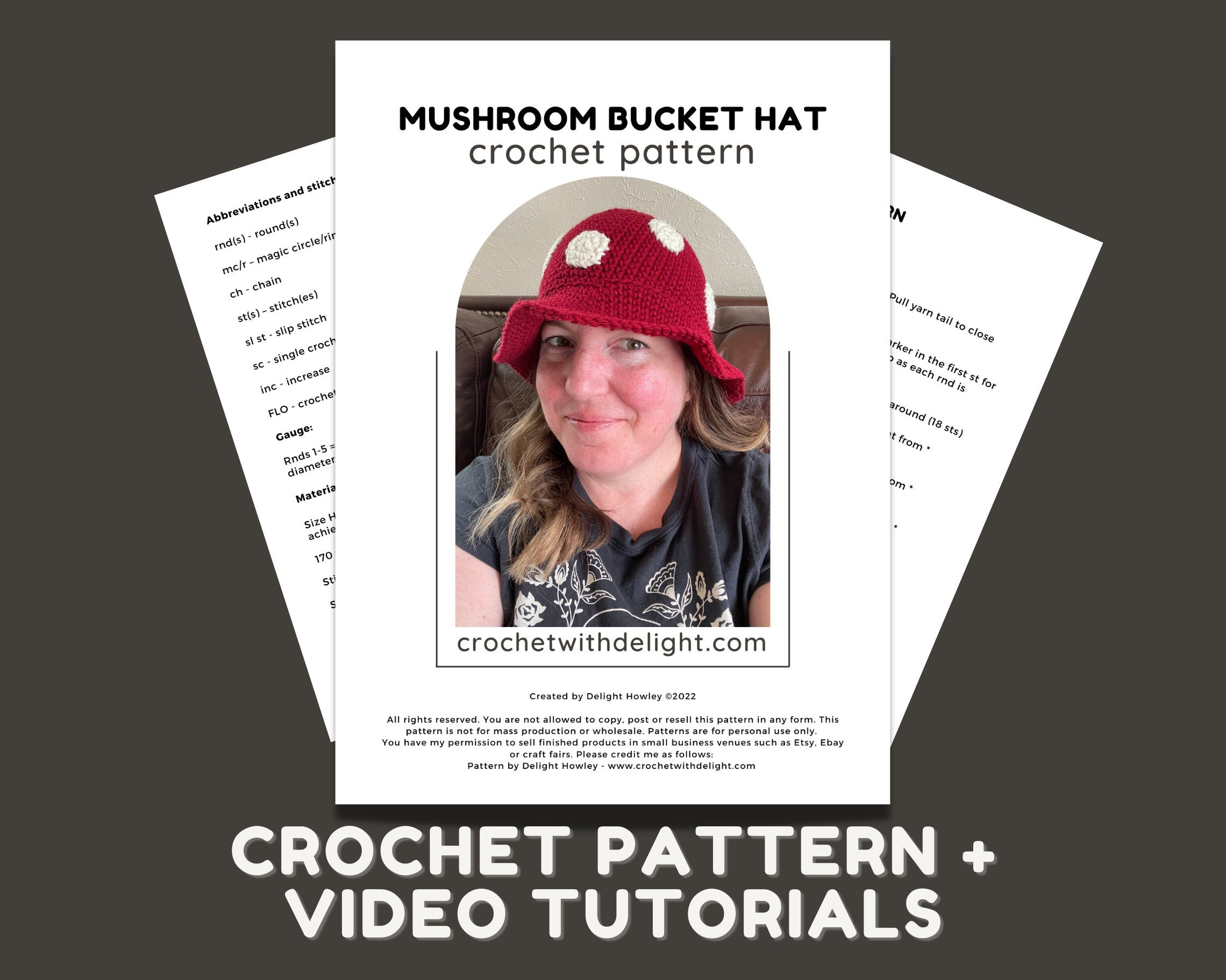 Easy Mushroom Bucket Hat Crochet Pattern - 3 Adult Sizes - Instant Download